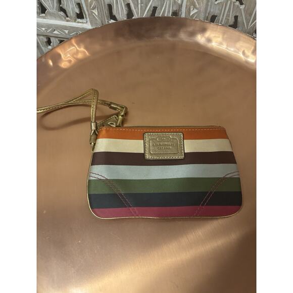 Coach Julia Legacy Satin Striped Colorful Wristlet Clutch Gold Leather Trim - Picture 1 of 7